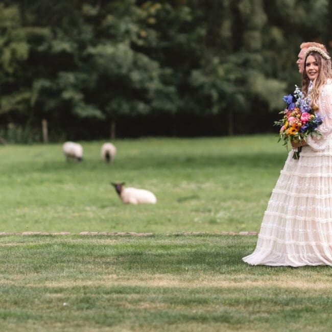 bride and groom walking at burtonfields hall york with sheep in the background